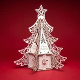Side angle of the assembled laser cut Christmas tree box with closed door and snowflake bolt knob