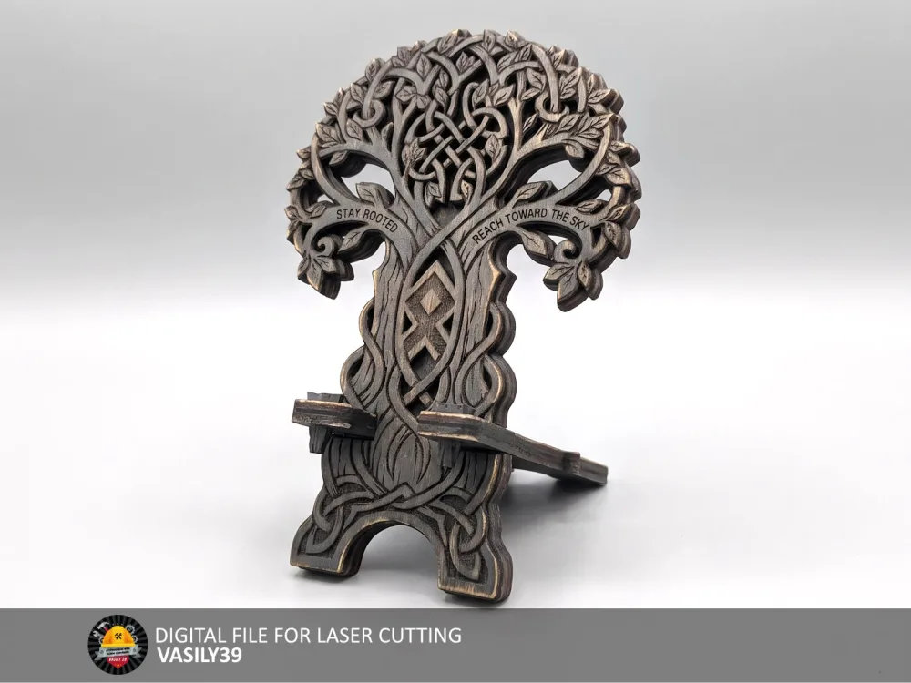 Tree of Life phone stand 00312 with Celtic knotwork, laser cut plywood, front view