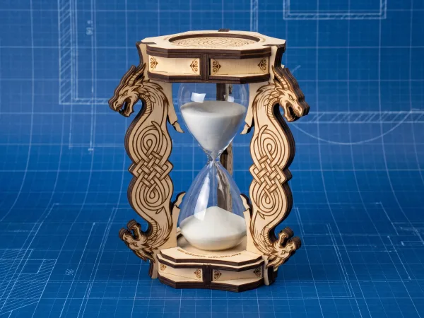Dragon Hourglass P057 – dragon hourglass stand with three engraved dragon pillars, 3D render