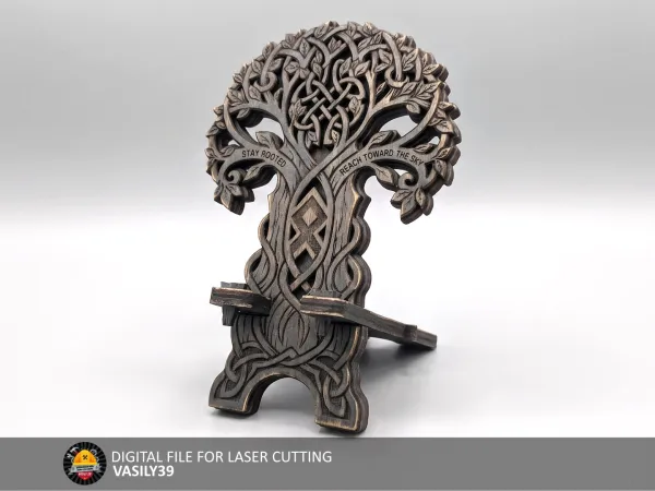 Tree of Life phone stand 00312 with Celtic knotwork, laser cut plywood, front view