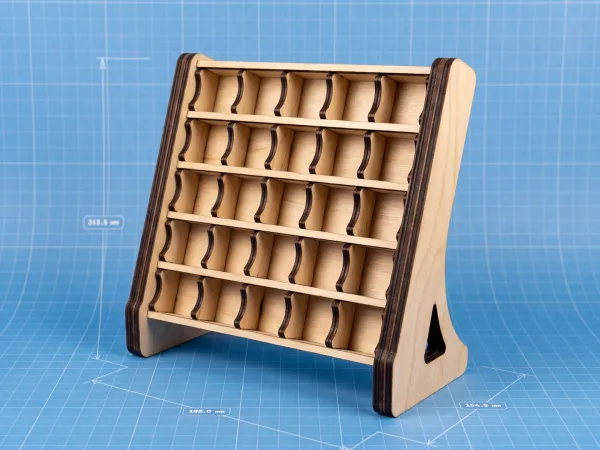Parametric dice display stand P025 – wooden dice display stand with grid of cells, 3D render