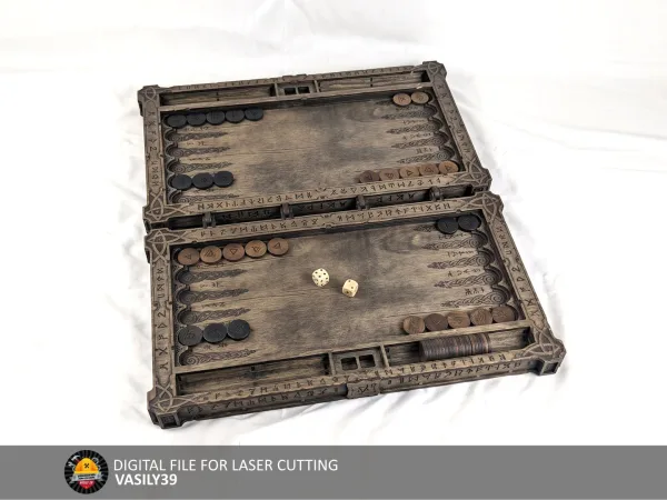 Viking backgammon 00311 open, laser cut playing board with checkers and dice