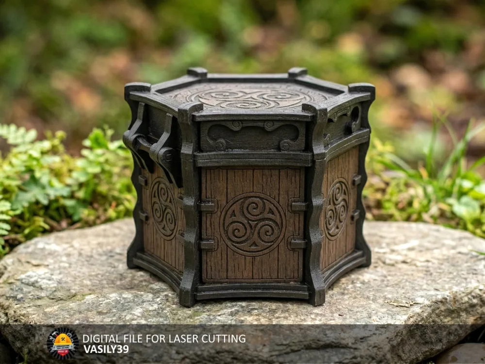 Celtic box 00283 – round Celtic elements box outdoors