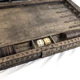 Open backgammon case with checker trays and dice insert