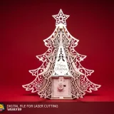 Laser cut plywood Christmas tree gift box with lace fins, star topper and Merry Christmas roof on a red background
