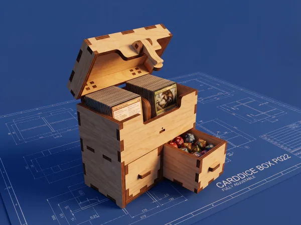Carddice box p022 – card and dice box with hinged lid and drawers, 3D render