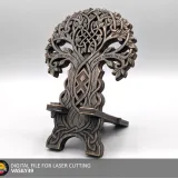 Tree of Life phone stand 00312 with Celtic knotwork, laser cut plywood, front view