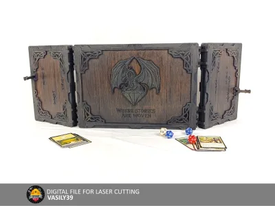 DM Screen 00307 – open three-panel DM screen with dice on the table