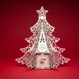 Assembled wooden Christmas tree gift box, front view with lace fins, star and Merry Christmas engraving