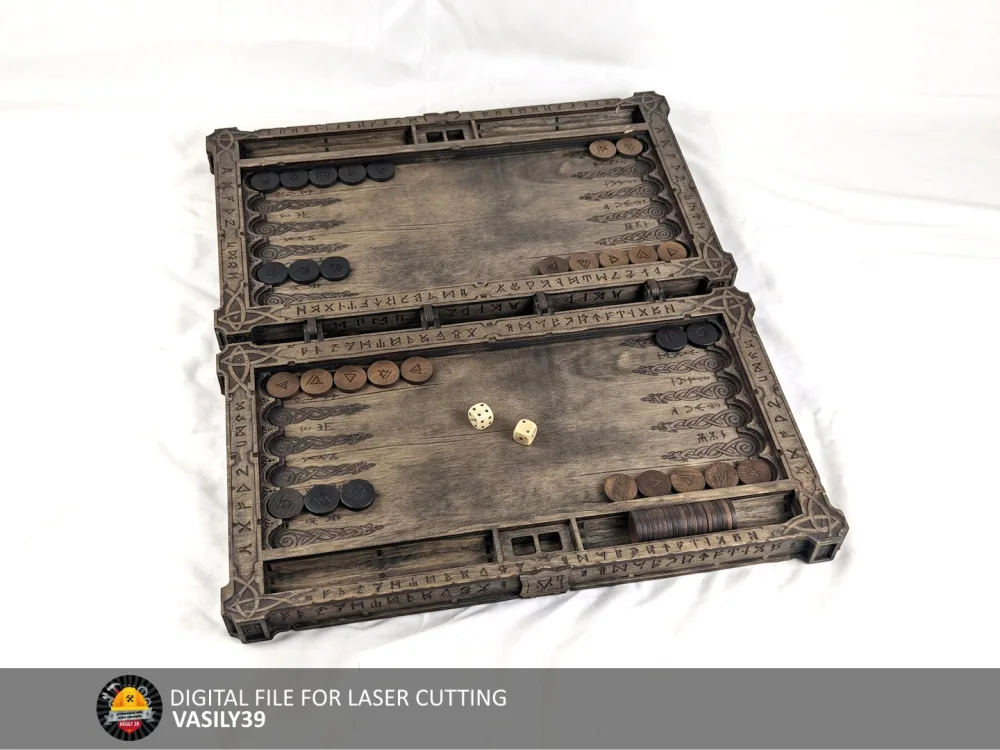 Viking backgammon 00311 open, laser cut playing board with checkers and dice