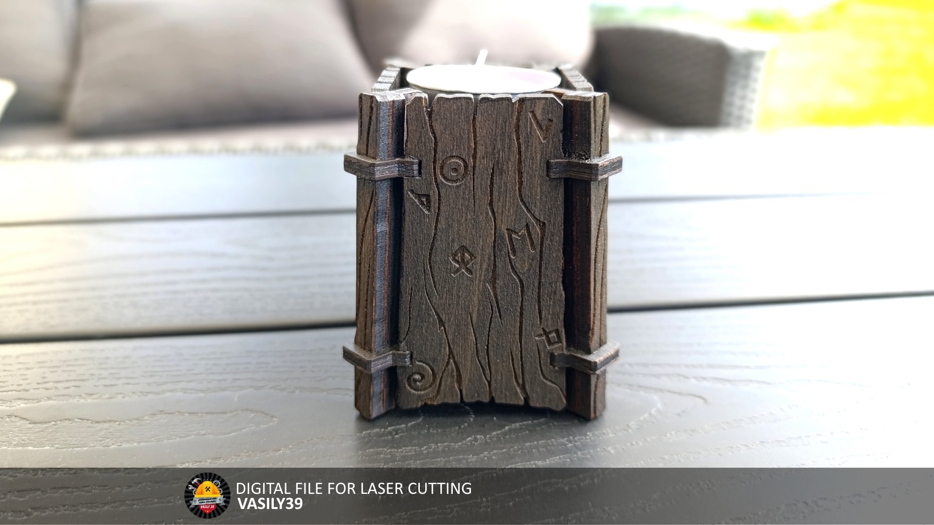 Laser-cut wooden tea light holder with rustic texture